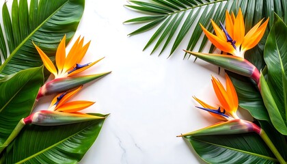 Tropical bird of paradise flowers and lush green leaves arranged symmetrically on a marble background, creating a vibrant, blank space in the center
