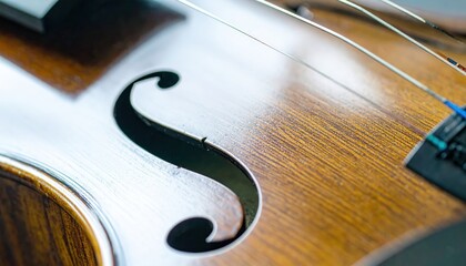Close-Up of Wooden Violin with Strings and Sound Hole Detail