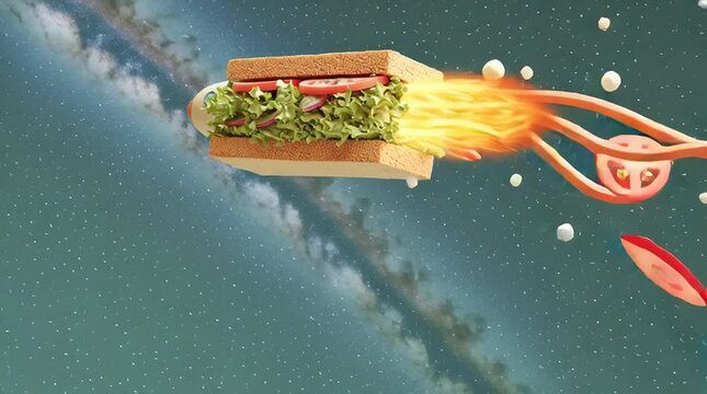 Whimsical animated video of a sandwich launching like a rocket with vegetable flames from an open lunchbox against a surreal space background &mdash;for concepts of energy, nutrition, or creative food