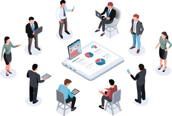 Isometric view of business professionals analyzing data on a large tablet and smaller devices around it