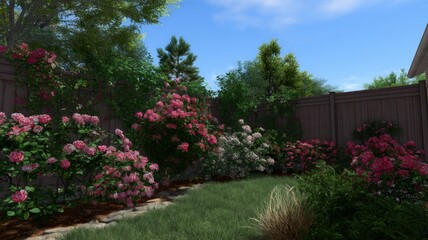 Lush garden with pink and white flowers, wooden fence background. AI image