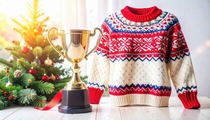 Obraz premium Cozy Holiday Sweater with Trophy and Christmas Tree Background