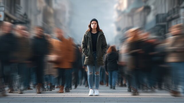 Young woman standing confidently amid urban crowd, embodying serenity through chaotic city movement