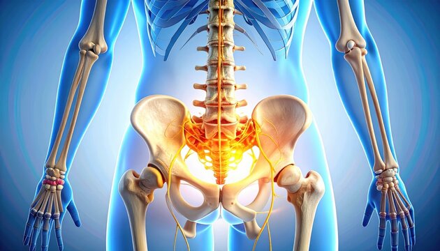 Detailed Anatomical Illustration of Human Skeleton and Pelvic Area