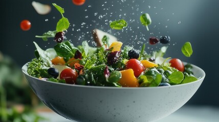 Lettuce, tomatoes, broccoli, peppers and spices are tossed in mid air, about to land in a wooden bowl, creating a dynamic and appetizing image