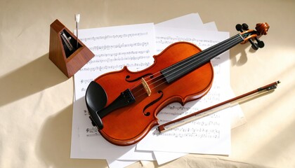 Fototapeta premium Elegant Violin on Sheet Music with Bow and Tuner in Soft Light