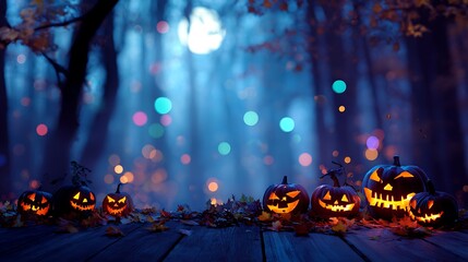 Obraz premium Enchanted halloween forest with glowing jack o lanterns and bokeh lights