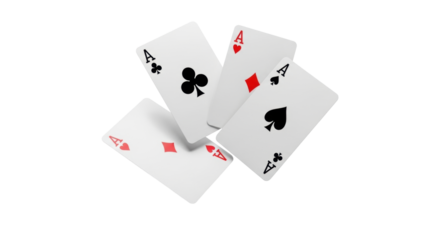Four standard aces (hearts, clubs, spades, diamonds) frozen in mid-air on a pristine transparent background with ample copy space, vibrant commercial studio shot, concept of winning in casino games