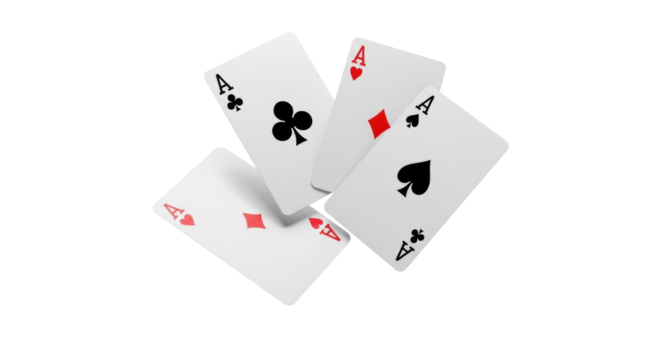 Four standard aces (hearts, clubs, spades, diamonds) frozen in mid-air on a pristine transparent background with ample copy space, vibrant commercial studio shot, concept of winning in casino games