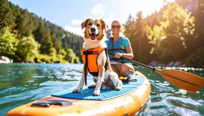 Woman and Dog Enjoying Paddleboarding on a Sunny Lake Day
