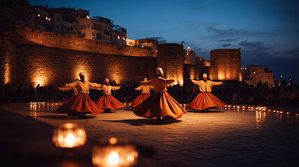 Sufi Whirling Dance in Tangier, a group of dervishes dance together on an ancient stone stage, lantern lights dim