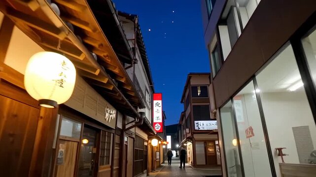 Night view of a charming narrow street with traditional and modern bui