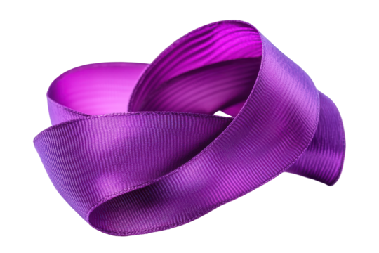 Intricate purple ribbon twisted into a knot isolated on transparent background. Purple ribbon awareness isolated white background.