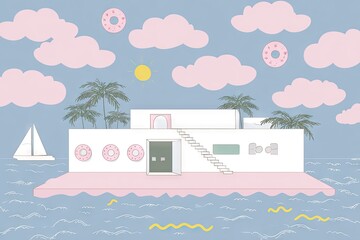 Obraz premium Floating house on the sea with palm trees and clouds.