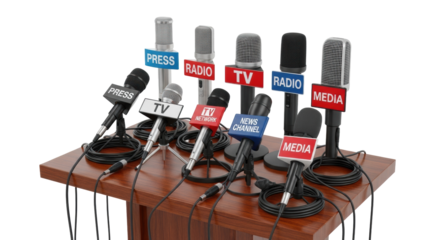 Multiple professional audio microphones (condenser, dynamic) with 'PRESS', 'TV', 'RADIO' flags on polished dark wooden table with cables, transparent background. UHD studio photo. Concept of