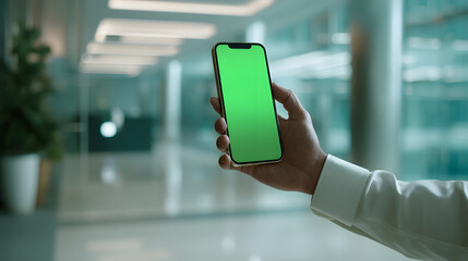 Businessperson Holding Modern Smartphone with Green Screen in Contemporary Office