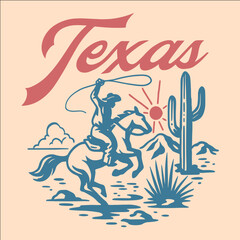 Vintage western cowboy illustration riding horse with barn, windmill, and farm background, spirit of the west design