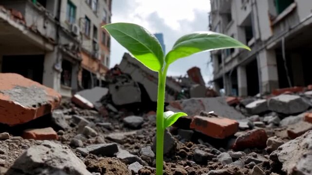 Green sprout emerging from rubble in destroyed city