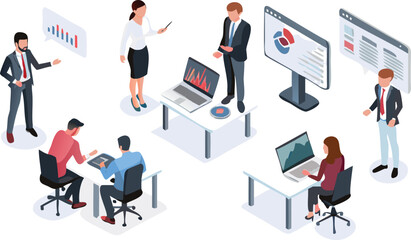 Isometric view of office environment with people working and presenting data on screens and laptops