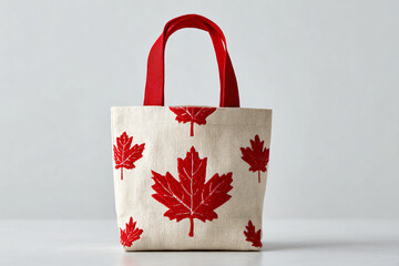 White tote bag with red maple leaf design