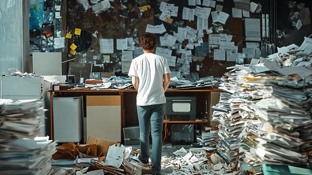 A person stands amidst a cluttered office, overwhelmed by paperwork