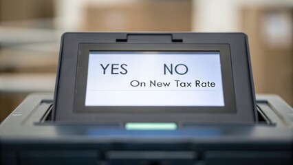 tax+rate+debate Voting machine displaying options for a new tax rate decision.