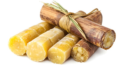 Isolated sugarcane and natural jaggery against a white background