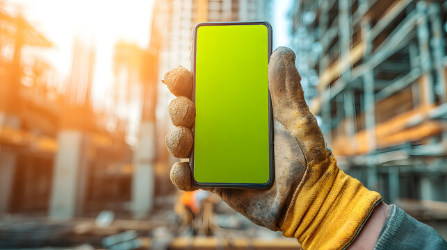 Hand in Work Glove Holding Smartphone with Green Screen Mockup at Construction Site - Powered by Adobe