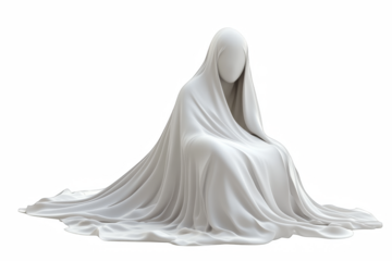 Mysterious veiled figure draped in white fabric sitting down