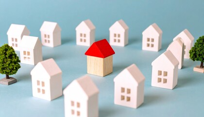 A single house with a red roof stands out amongst a neighborhood of identical white houses
