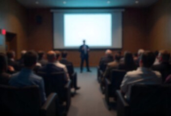 Generative AI: Business Presentation with Speaker and Audience, Projector Screen and Room, blurred