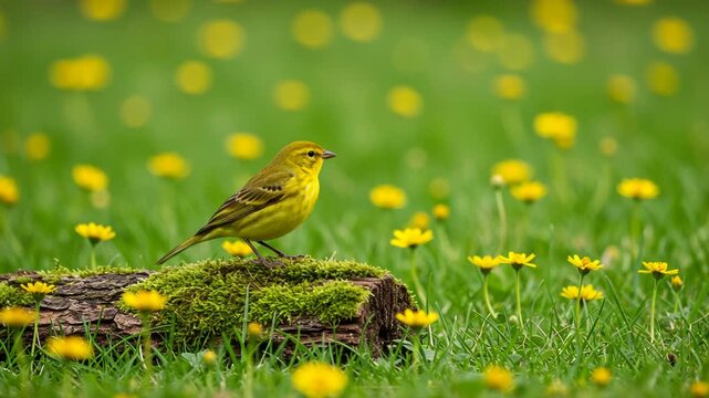 A vibrant yellow warbler perched on a mosscovered log amidst a field of yellow wildflowers and lush green grass