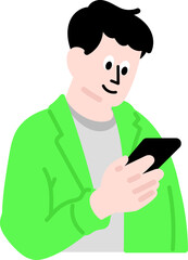 Cartoon man using smartphone while focusing on screen