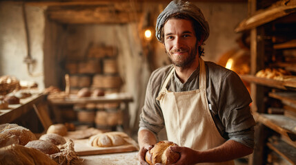 The male baker looks confident and professional, radiating skill and love for his work. He is dressed in a traditional baker's uniform.