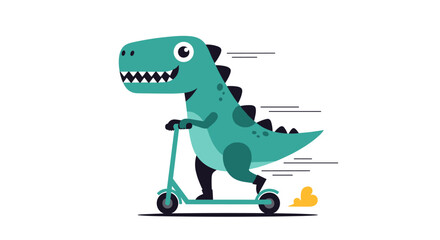 Joyful dinosaur riding a scooter with speed lines and dust cloud animation