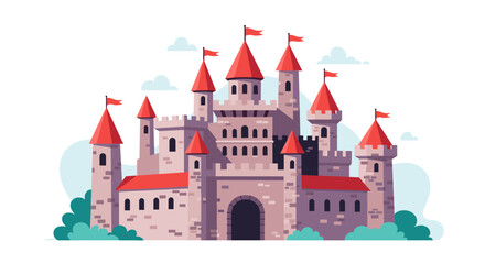 Fototapeta premium Majestic stone fortress with red flags and green foliage under a bright sky