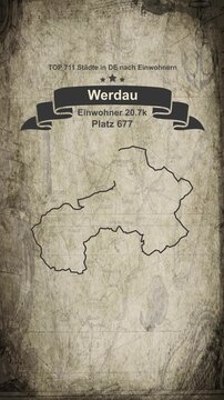 Werdau map vertical video - Biggest cities of Germany drawn on a cartography background