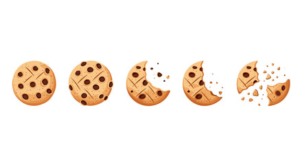Sweet chocolate chip cookie stages from whole bite taken crumbling apart