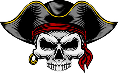 A pirate skull in a captain hat skeleton vintage woodcut style design