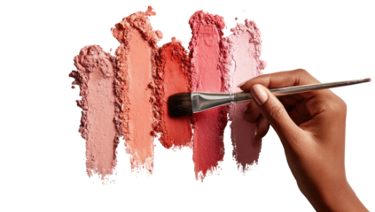 A hand holding a makeup brush, applying various shades of blush and eyeshadow