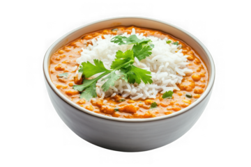 Delicious dal makhani with rice and cilantro in white bowl, indian cuisine, food photography, stock image, high resolution isolated on transparent background