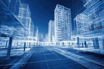 Wireframe city model showing architectural structures.