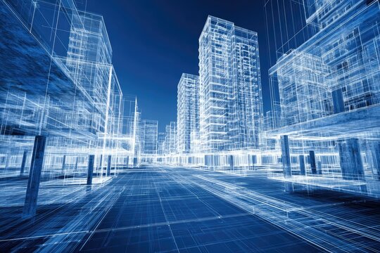 Wireframe city model showing architectural structures.