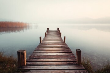 Fototapeta premium An empty wooden dock over a still lake reflects morning mist and solitude in a peaceful nature scene.