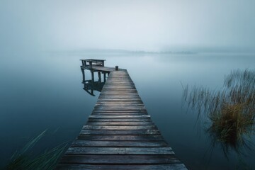 Fototapeta premium An empty wooden dock over a still lake reflects morning mist and solitude in a peaceful nature scene.