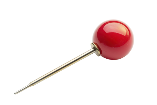 Red push pin with metal shaft isolated on transparent background. Red pin isolated on white background.