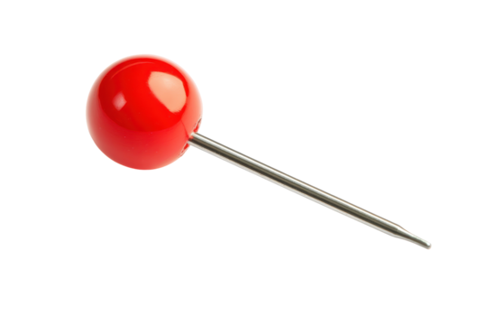 Red push pin with metal shaft isolated on transparent background. Red pin isolated on white background.