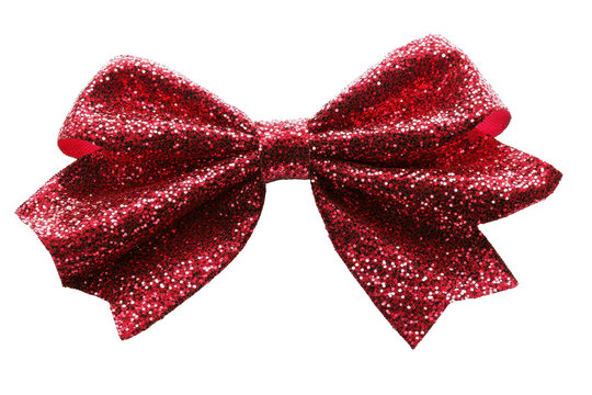 Shiny red sequin bow isolated on transparent background. Red ribbon bow with sparkle isolated on white background.