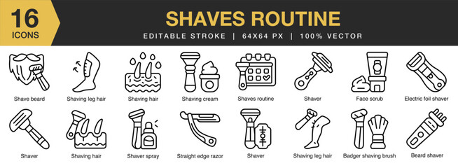 Shaves Routine icon set. Editable Stroke Icon Collection. Includes hygiene, routine, skin, skincare, care, and More. Outline icons vector collection.