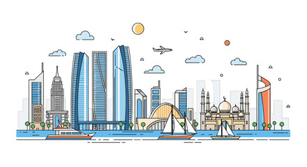Obraz premium Modern architectural cityscape with boats and buildings on the waterfront